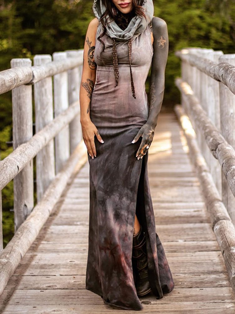 Vintage Tribal Hooded Sleeveless Slit Maxi Dress