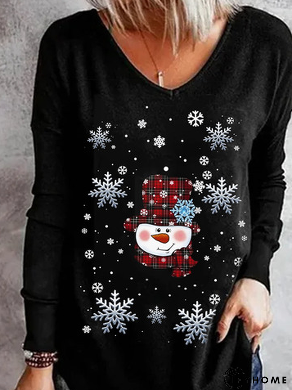 Christmas Snowflake Printed Crew Neck Casual Tunic T-Shirt | IFYHOME