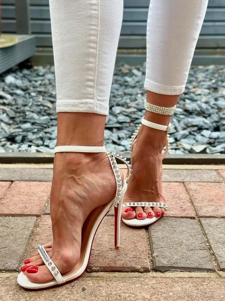 Rojeam Women's Studded Heeled Sandals - 10CM Stiletto, Pointed Toe, Ankle Strap Pumps