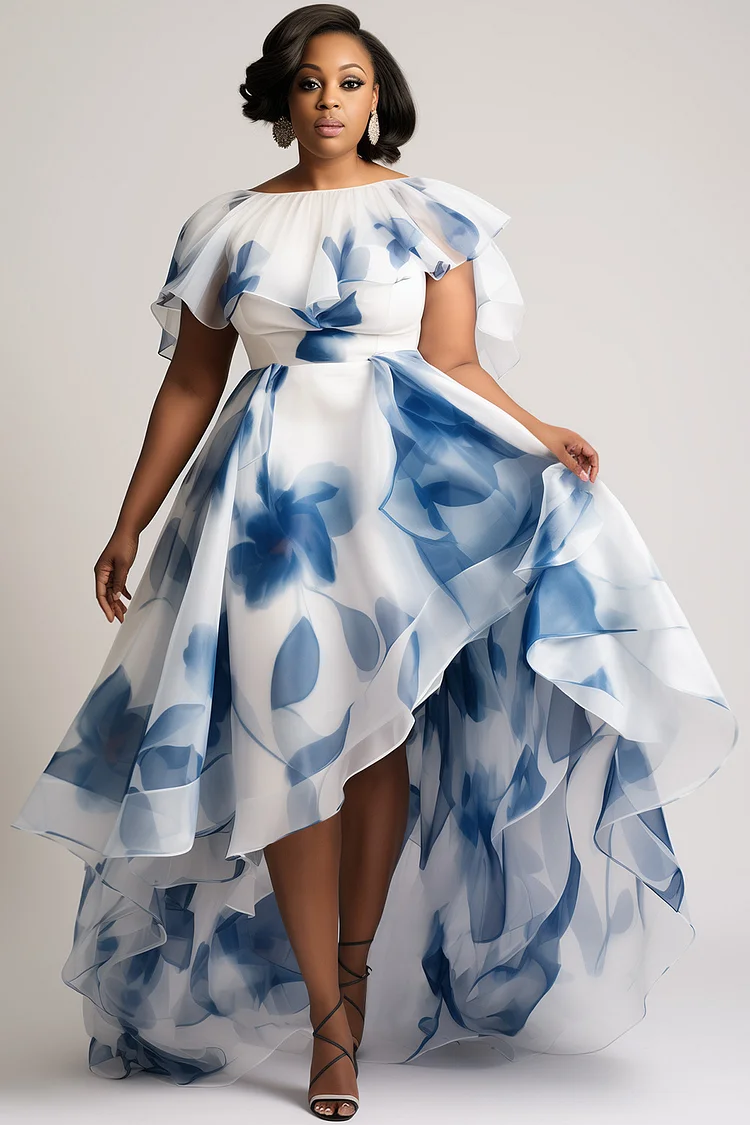 Xpluswear Design Plus Size Wedding Guest Blue Floral Boat Neck Ruffle High Low Hem Chiffon Maxi Dresses [Pre-Order] 2024 - Xpluswear