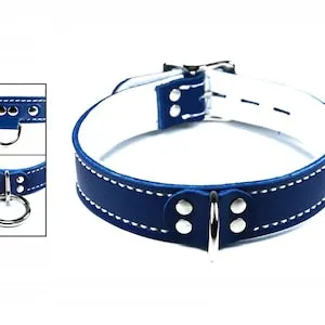 pornhint Pornhint Locking Leather Collar - Blue with Soft White Lining - Locking Buckle - Your Choice of Front Ring and Stitch Color