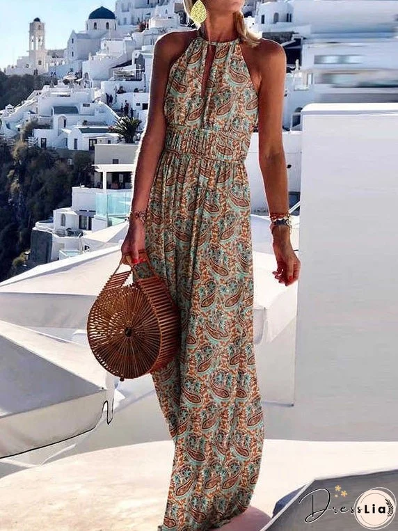 Dresses Hanging Neck Vintage Print Hollow Bare Back Dress for Women