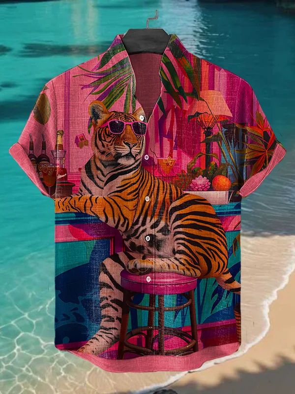 Men's Hawaii Vacation Style Tiger Cocktail Print Short Sleeve Shirt