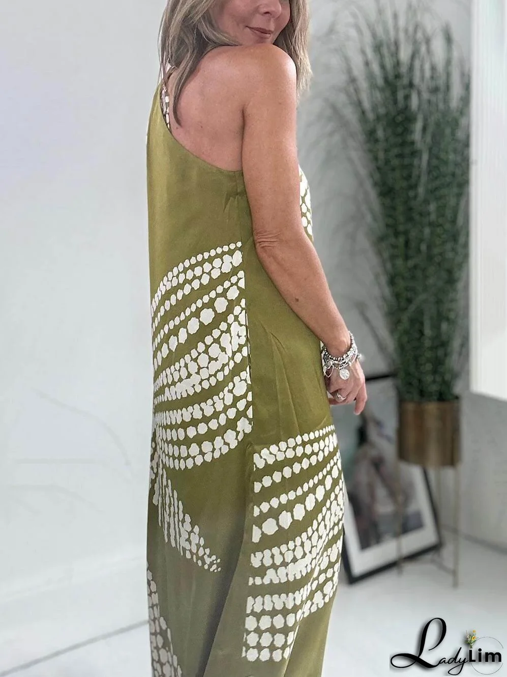 Polka Dot Print One Shoulder Pocketed Maxi kjole