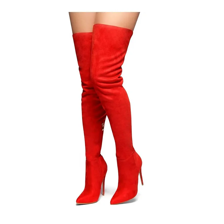 Red Strappy Stiletto Heel Pointy Toe Thigh High Heel Boots |FSJ Shoes