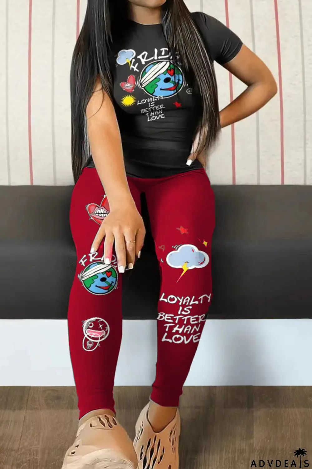 Black Red Casual Print Patchwork O Neck Plus Size Two Pieces