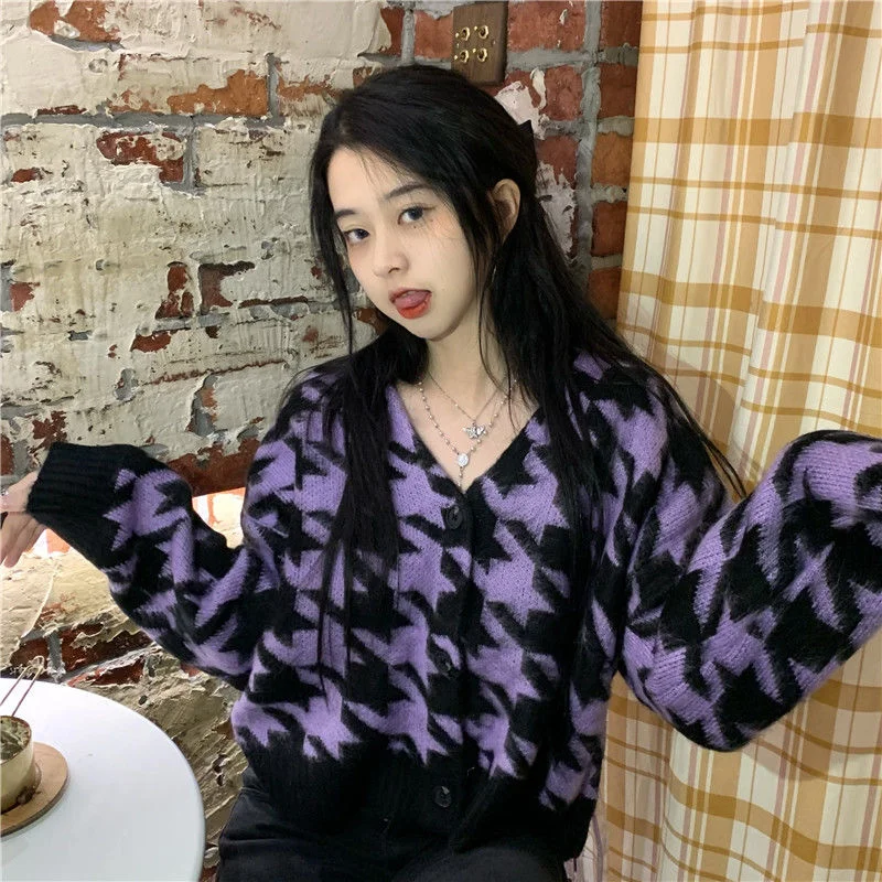 Cardigan Women Houndstooth Y2k Vintage Elegant V-neck Girls All-match Sweater Outerwear Korean Fashionable Loose Warm Sweet Teen