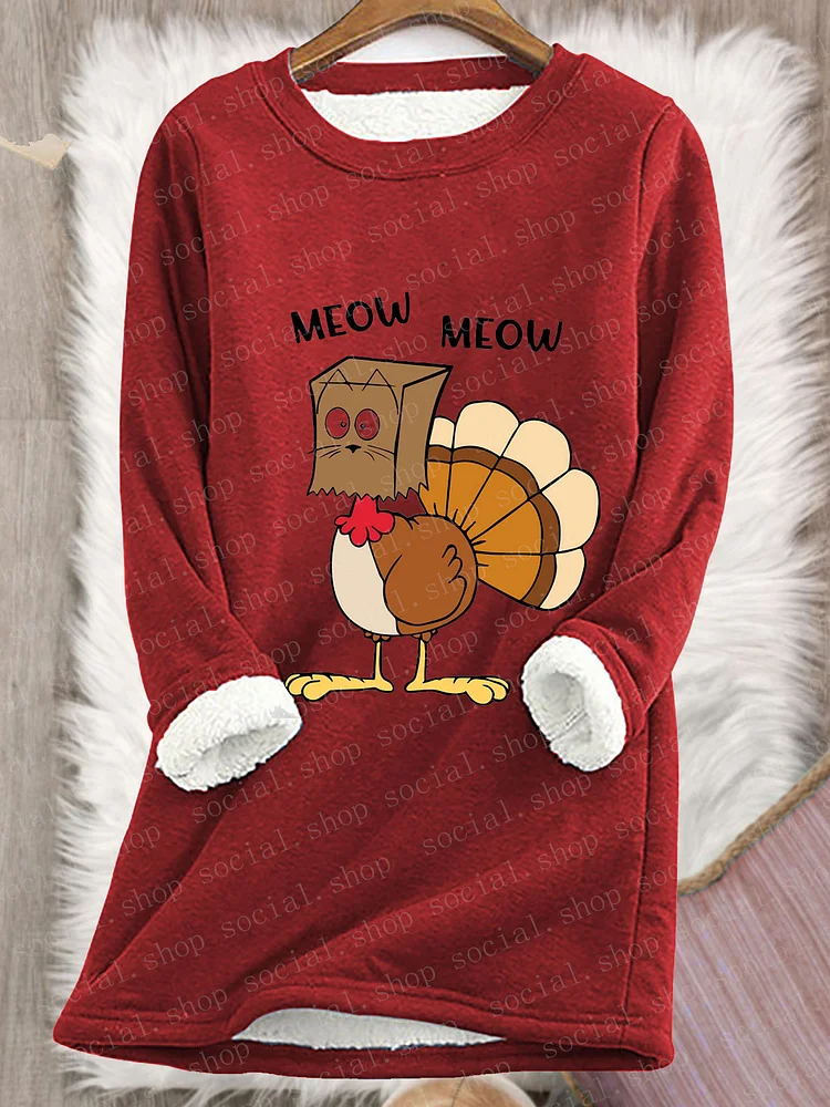 Women's Meow Meow Funny Turkey Thanksgiving Fleece Casual Sweatshirt socialshop