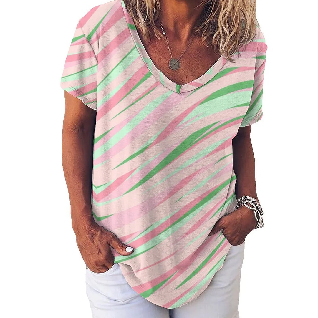 V-neck Short Sleeve Casual T-shirt for  Women Printed with Pattern Pink, Green, Striped