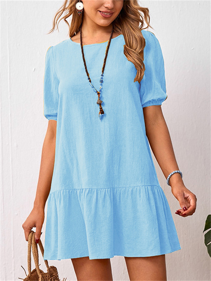 Comfortable Casual Women's Five-part Sleeve Pleated Dress Solid Color Loose Waist Cotton Linen Round Neck Dress A-line Dress