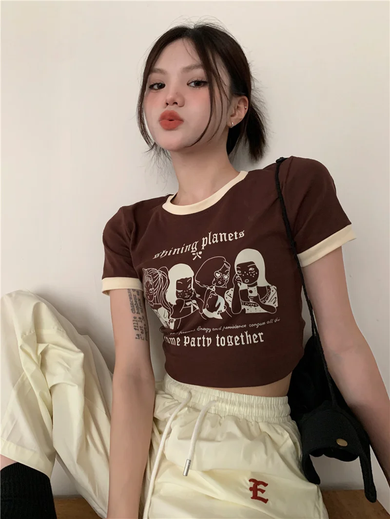 Brownm Brownm Summer Vintage Print T-Shirt Women's Color Round Neck Slim Short Sleeved Top Girl
