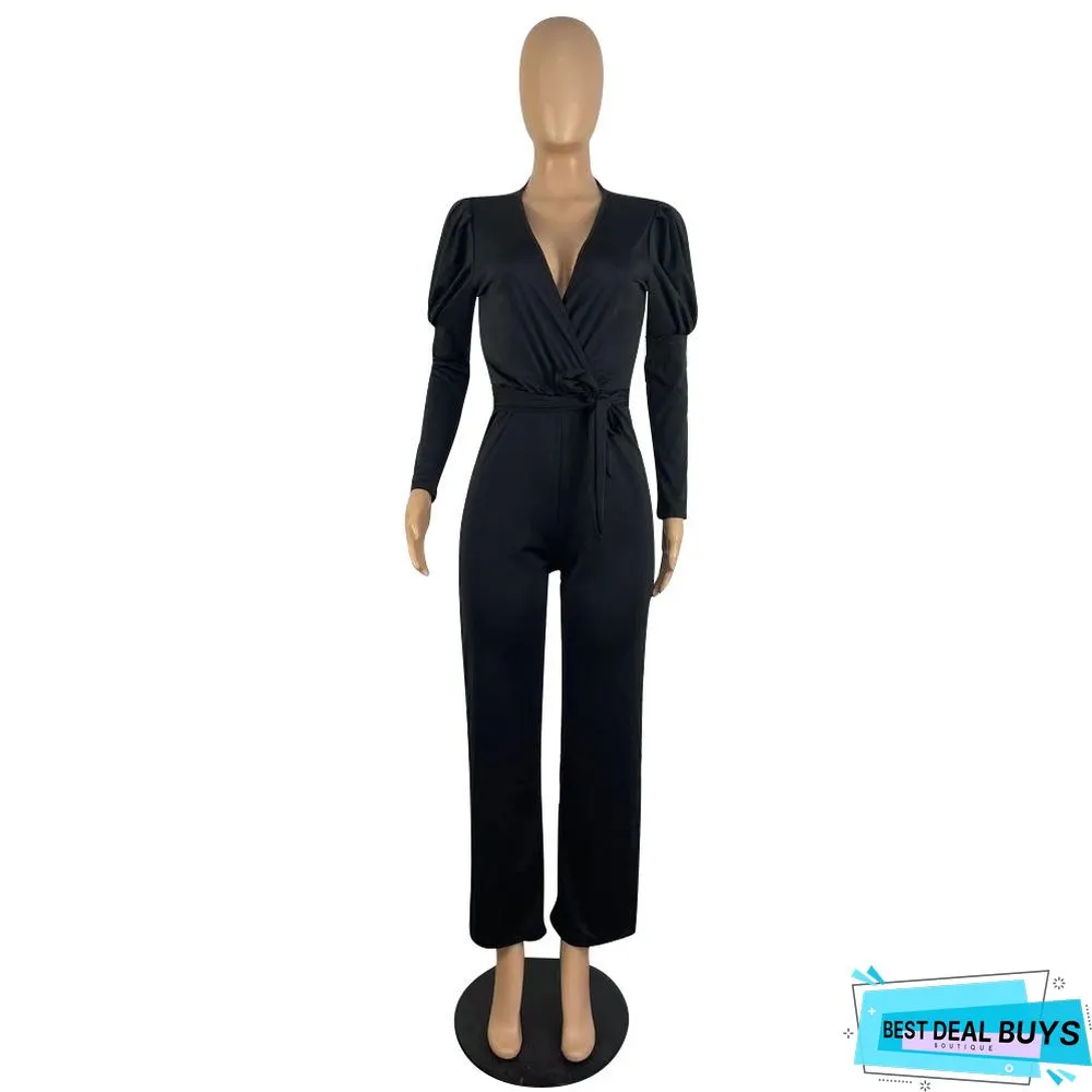 Autumn and Winter Solid Color V-Neck Bubble Sleeve Personalized Casual Wide Leg Jumpsuit