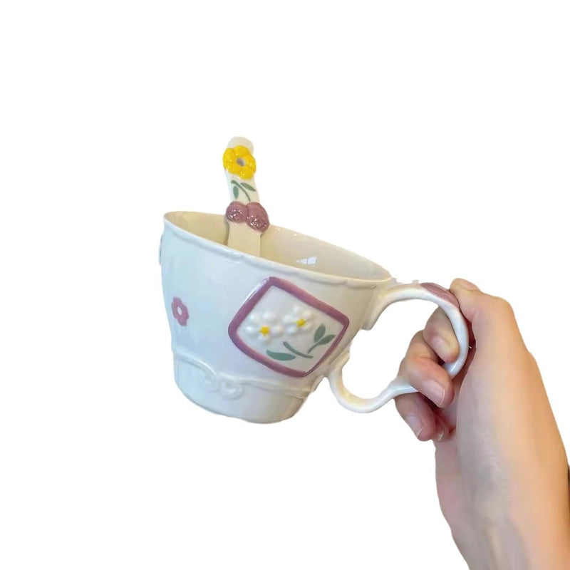 Embossed Fruit Air Cake Plate Household Ceramic Tableware Rice Bowl Disc Deep Plate Cream Color Cute High Face