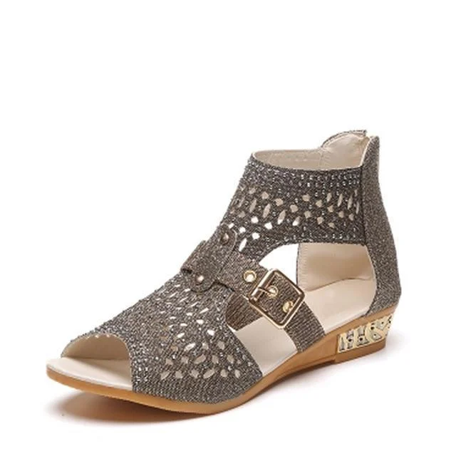 Women Wedges Heel Buckle Strap Gladiator Sandals Peep Toe Low Heels Sandals | IFYHOME