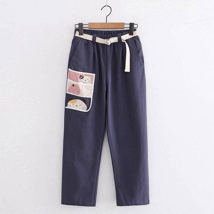 Cartoon Kitty Print Belted Casual Pants - Modakawa modakawa