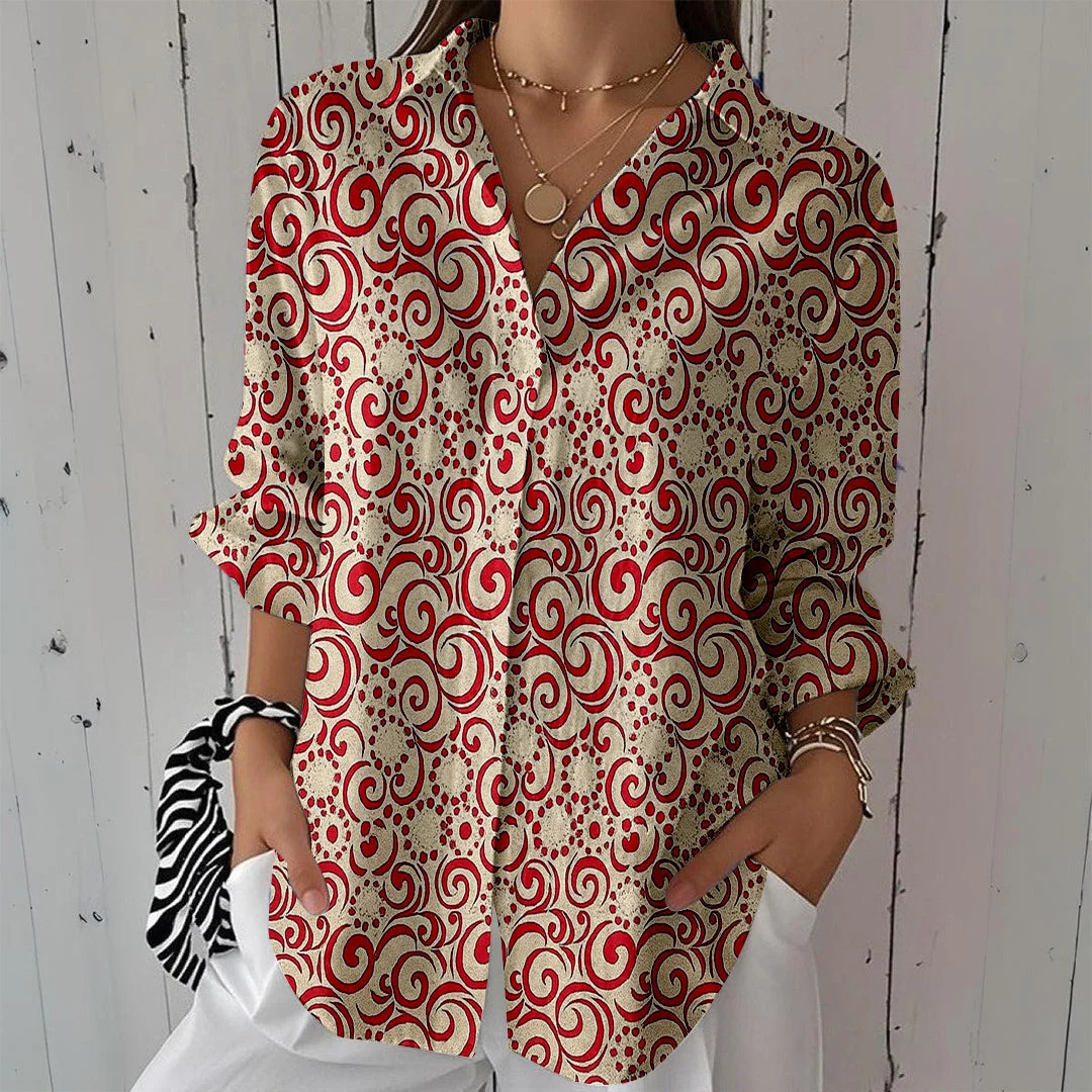 Style & Comfort for Mature Women Women Ethnic, Red, Floral DZCL0496 3/4 Sleeve Shirt Collar Printed Button Tops