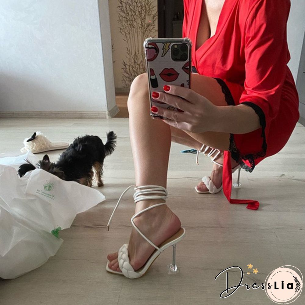 Women Fashion Gladiator Knee High-heels Sandals Summer Shoe Ladies Sexy Casual Open Toe Strappy Stiletto Heel Cutout Multi-strap Sandals Shoes