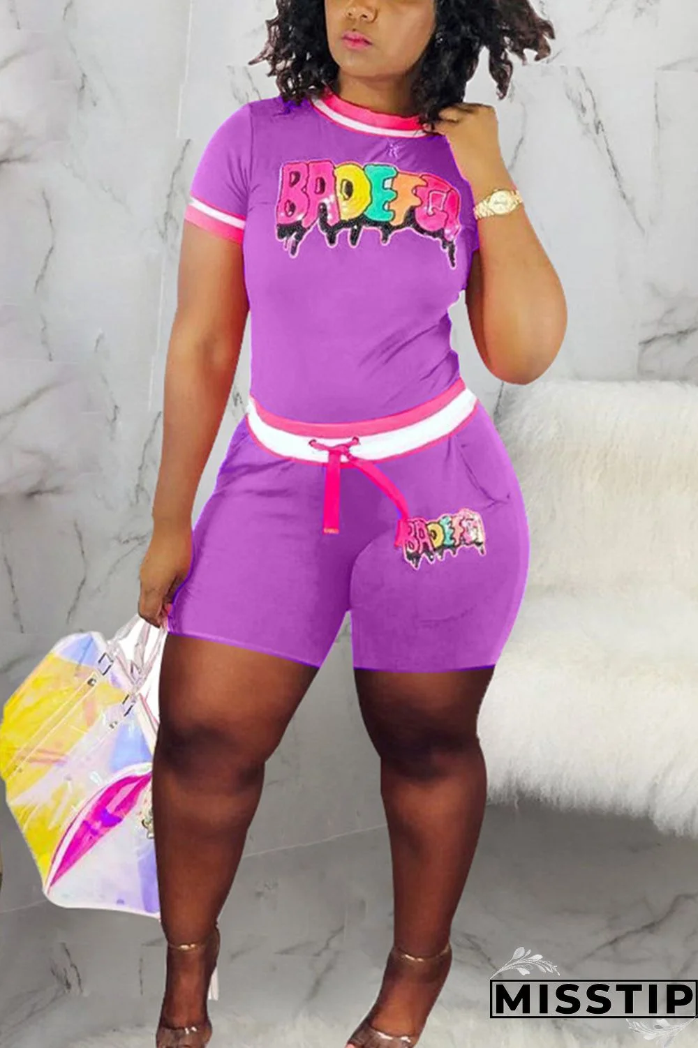 Purple Fashion Casual Patchwork Paillette Two-piece Set