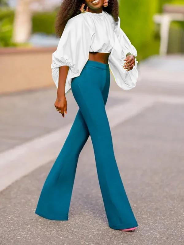 Solid Color Loose Puff Sleeves Mock Neck Blouses&Shirts Tops
