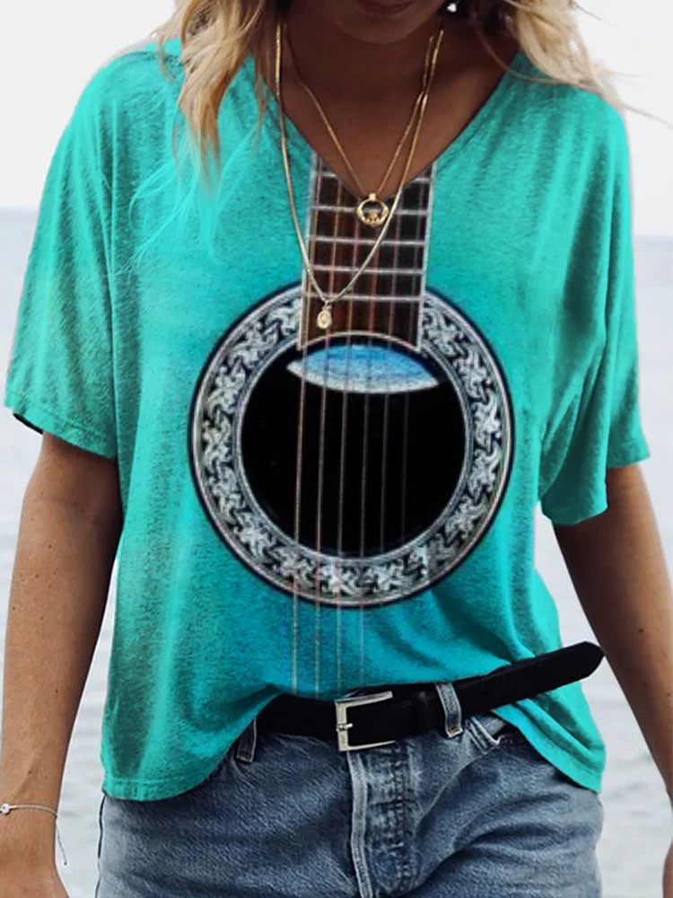 Turquoise Guitar Inspired Gradient V Neck T Shirt