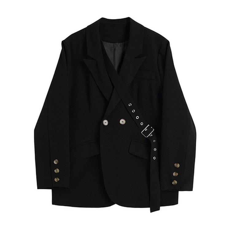Fashion Loose Solid Color Lapel Splicing Adjustable Strap Double Breasted Long Sleeve Blazer