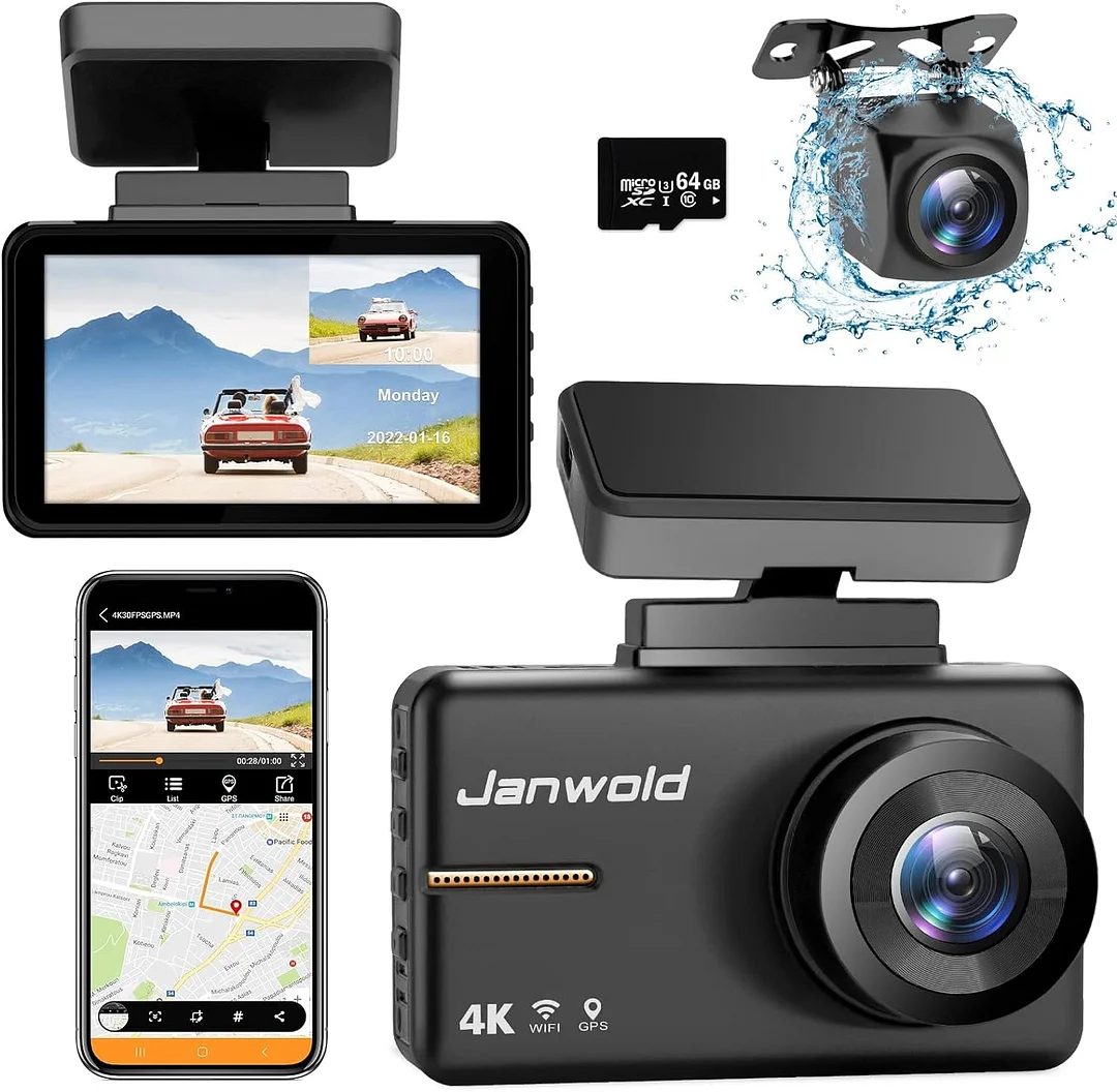 Janwold 4K Dash Cam Front and Rear, Dashcam with 5G WiFi GPS and Speed,  Front 4K