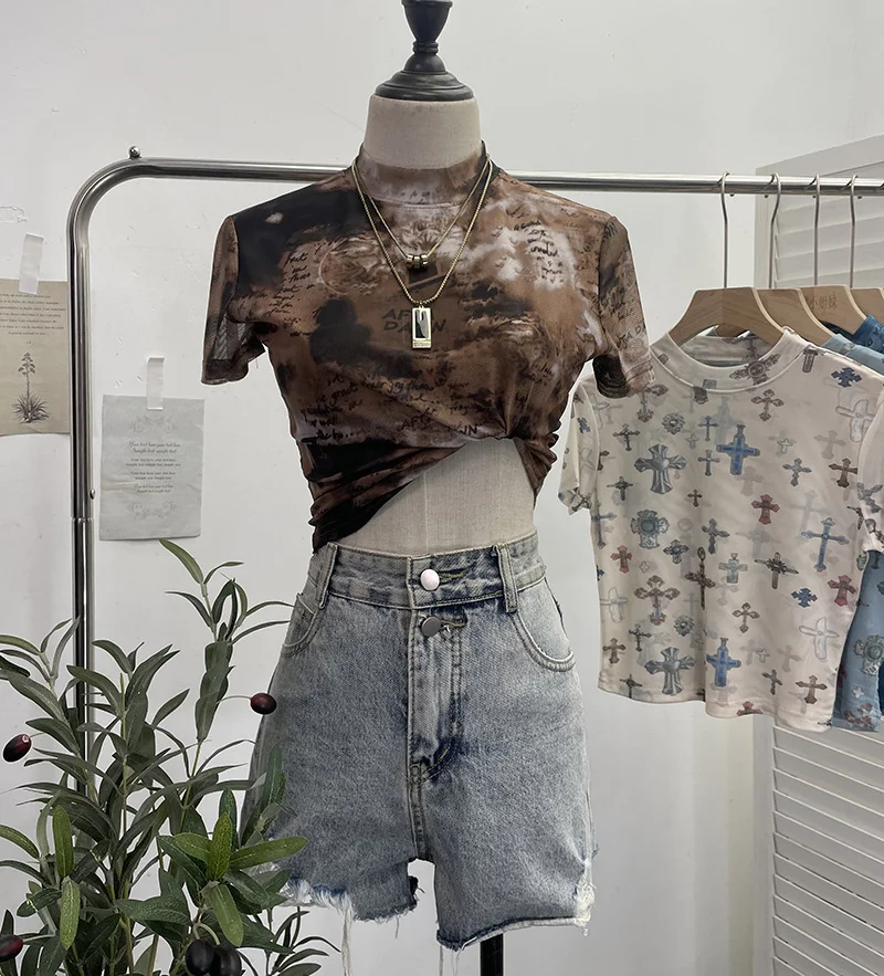 Nigikala Nigikala Shooting Retro Tie-Dye Double-Layer Mesh Half-High-Neck Short-Sleeved T-Shirt T-Shirt Short-Sleeved T-Shirted Woman 8833