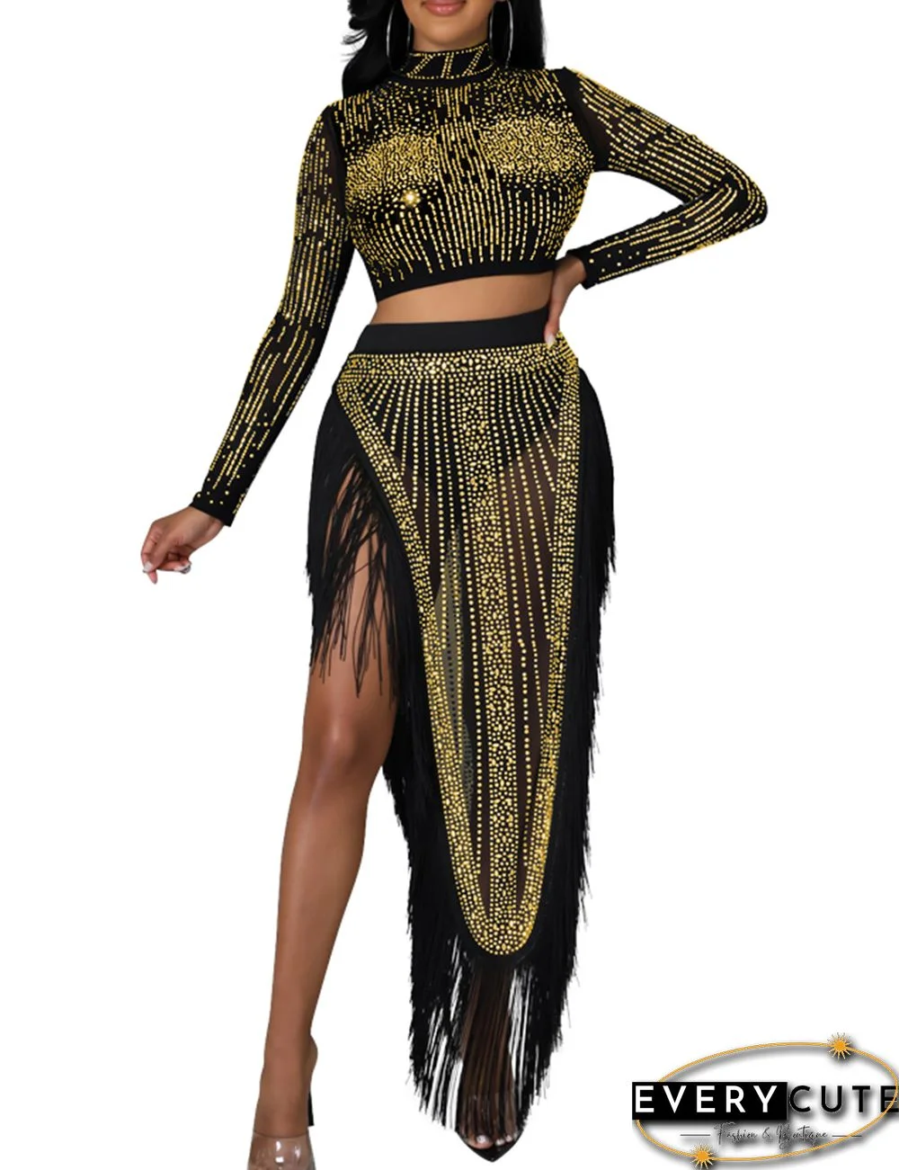 Gold Rhinestone Long Sleeve Crop Tops and Tassels Skirt Set