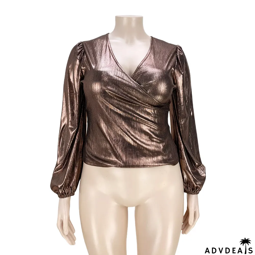 Plus Size Solid V Neck Long Sleeve Top