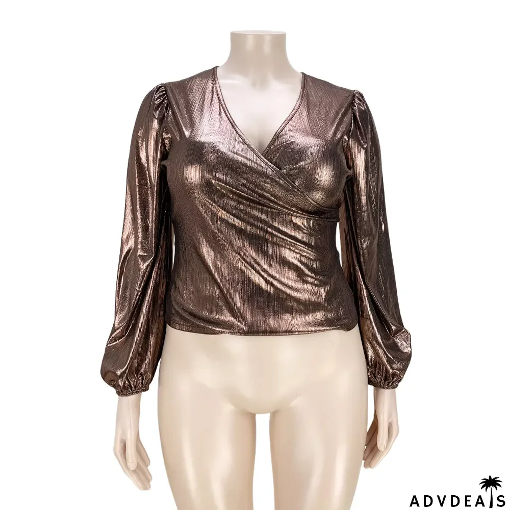 Plus Size Solid V Neck Long Sleeve Top