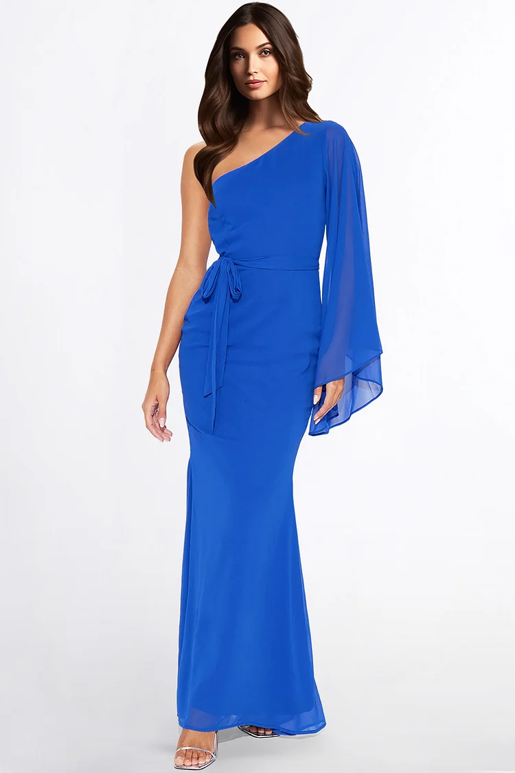 Zaruci Wedding Guest Royal Blue Chiffon One Shoulder Long Sleeve Maxi Dress [Pre-Order]