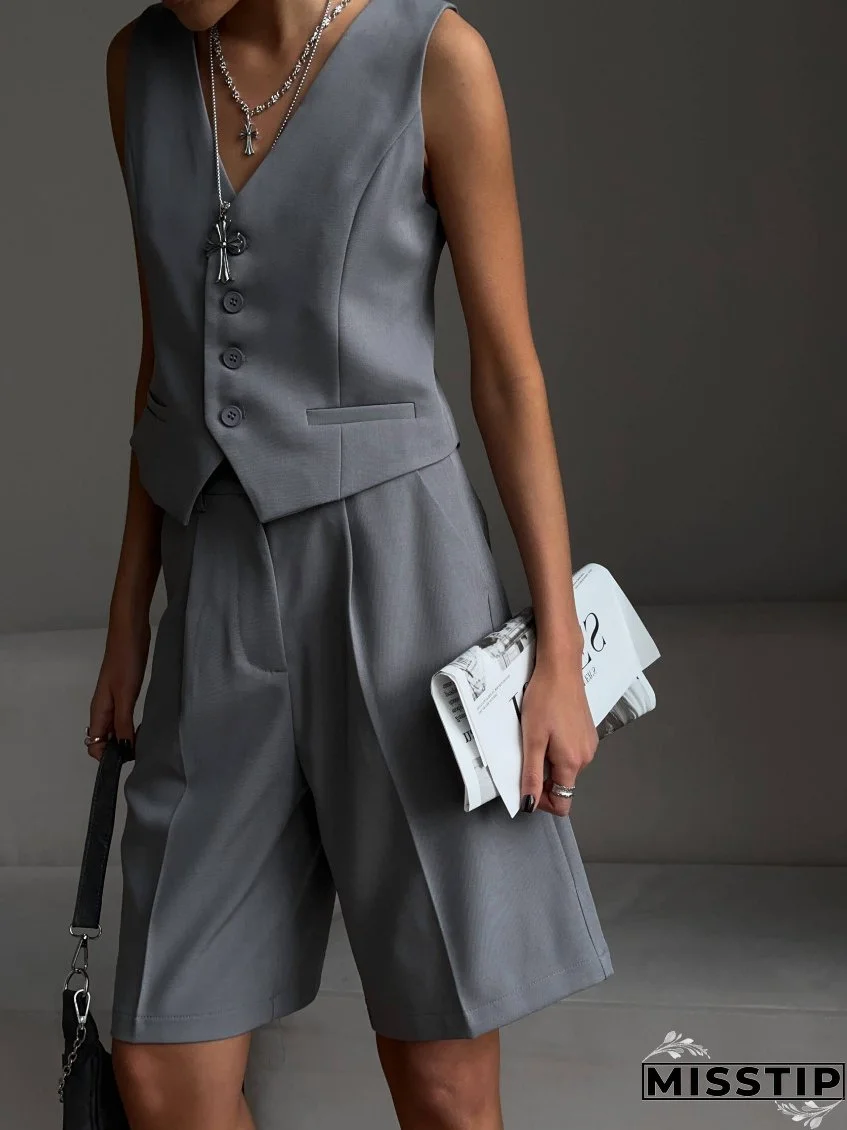 Women v-neck single-breasted vest + shorts two-piece set