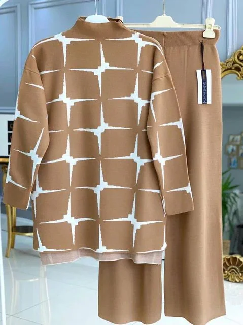 Women's Pattern High Neck Slit Sweater Casual Pants Matching Set