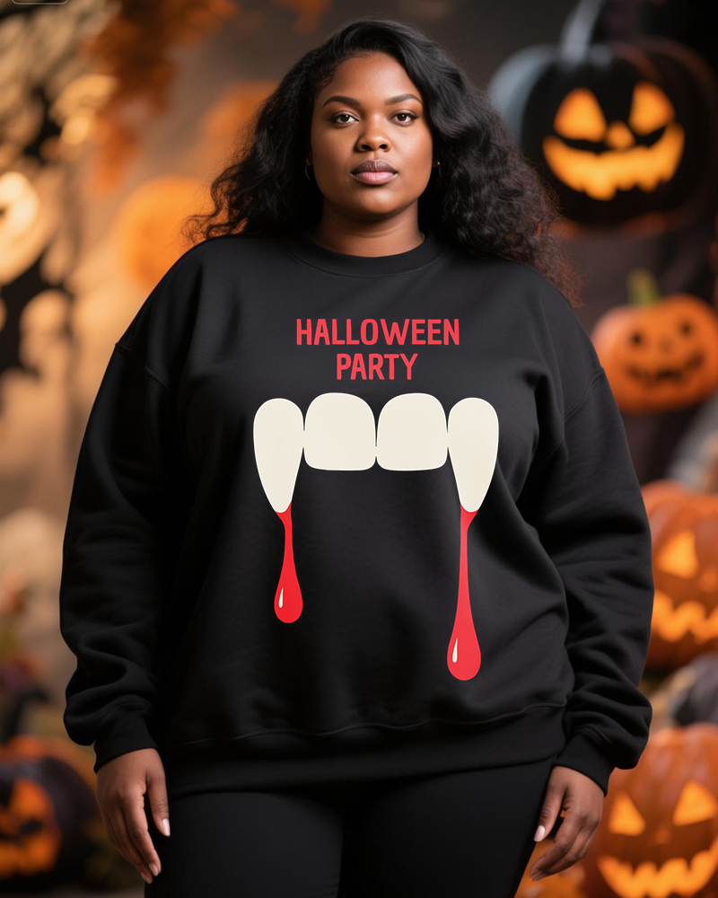 Women's Big And Tall Halloween Black Teeth Letter Print Round Neck Sweat
