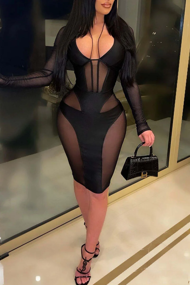 Sexy Solid Split Joint See-through Pencil Skirt Dresses