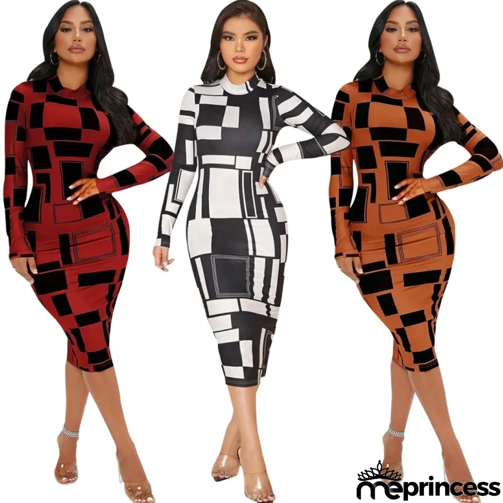 Women Spring Red Modest Turtleneck Full Sleeves Geometric Print Midi Bodycon Dress