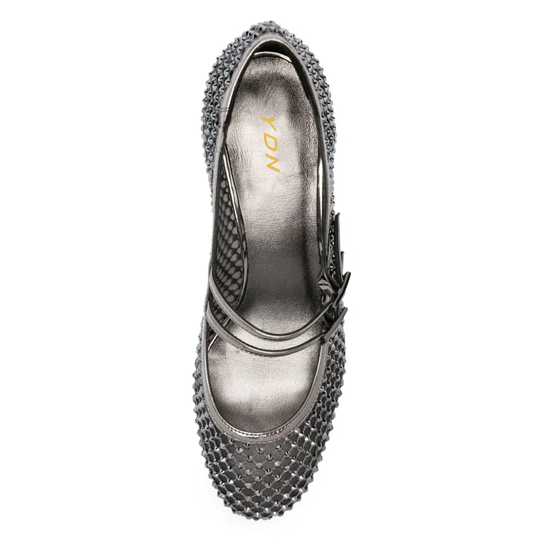 Silver Mesh Buckle Strap Sparkly Rhinestone Mary Jane Pumps