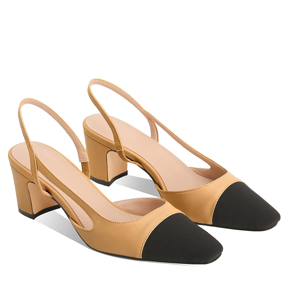 65mm Chunky Heels for Women Slingback Pumps Sandals Splicing Round Toe Casual Wedding Pumps-MERUMOTE