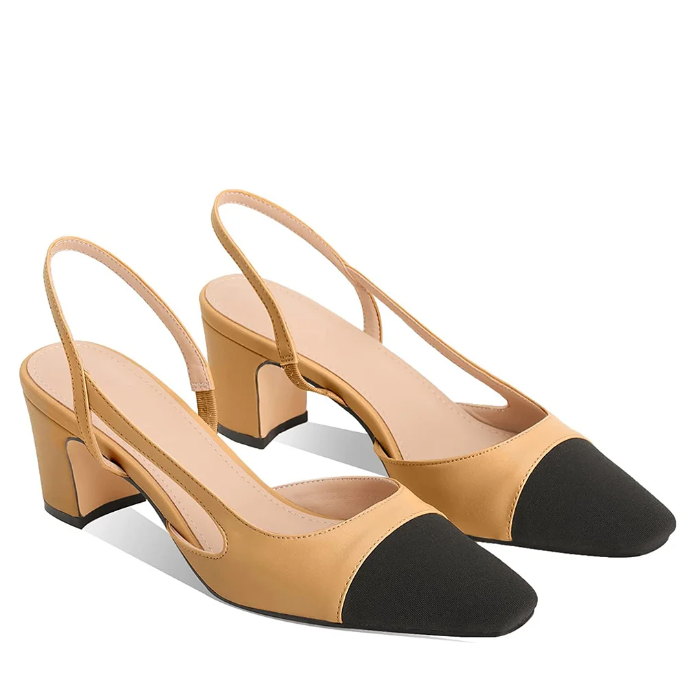 65mm Chunky Heels for Women Slingback Pumps Sandals Splicing Round Toe Casual Wedding Pumps-MERUMOTE