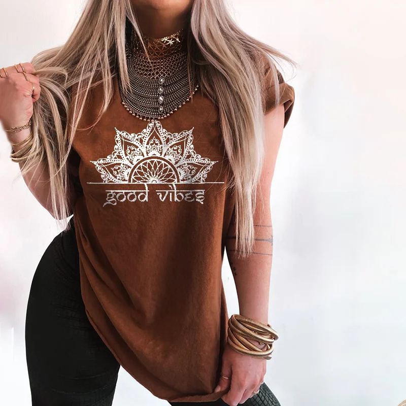   Good Vibes Floral Pattern Print Loose T-shirt - Neojana