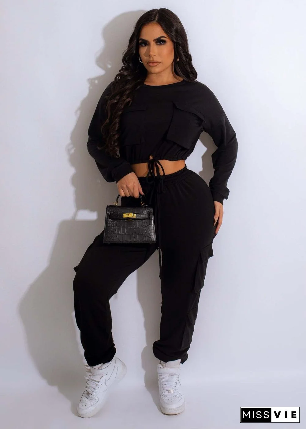 Casual Long Sleeve Lace Up Crop Top Cargo Pants Suit