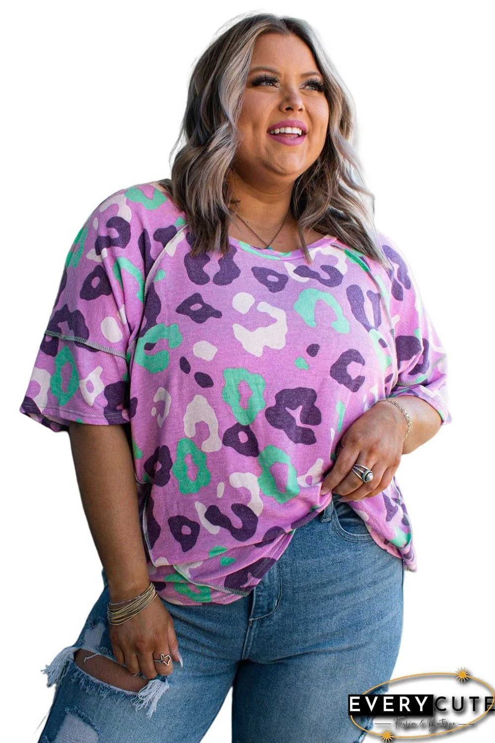 Purple Leopard Kiss Print Plus Size Short Sleeve Tee