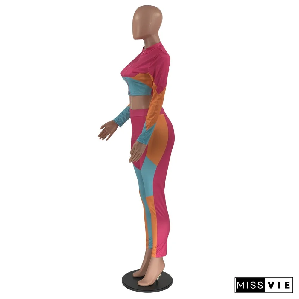 Hot-selling Color Block Mosaic Printing Leisure Two-piece Set