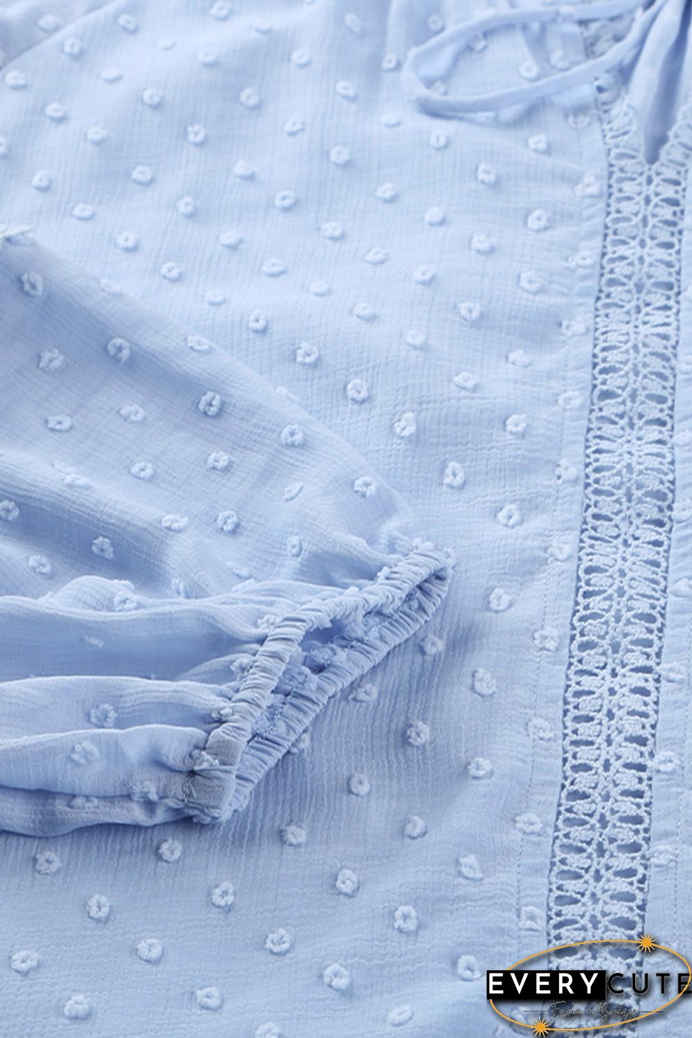 Sky Blue V Neck Lantern Sleeve Lace Hollow Out Top