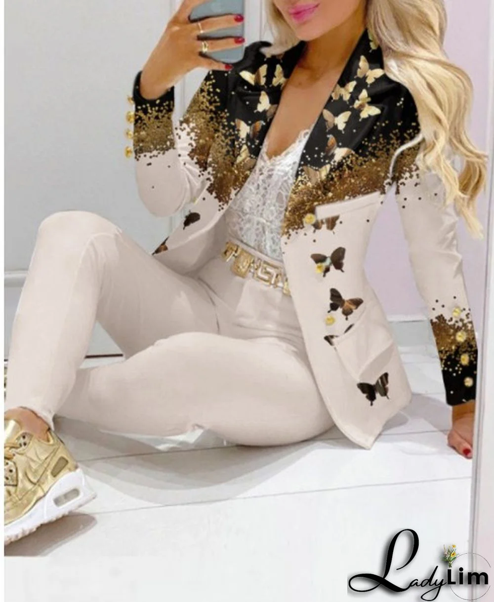 Fall Casual Fashion Suits Women's Print Blazer and pants two piece set
