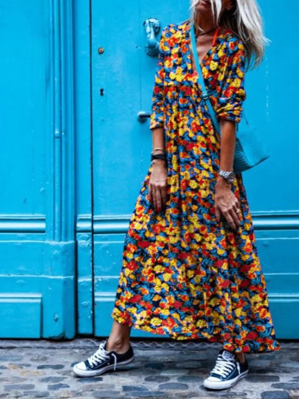 Women's Long Sleeve V-neck Floral Printed Midi Dress