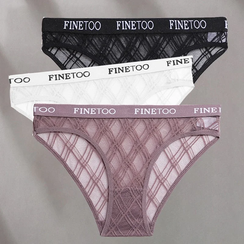 FINETOO 3PCS/Set Mesh Women Sexy Panties Lingerie M-XXL Breathable Underwear Pantys Low Waist Girl Briefs Letter Woman Underpant