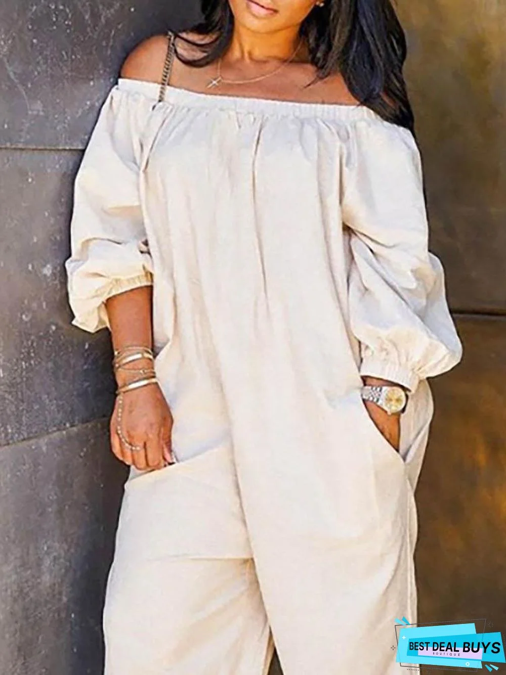 Off Shoulder Solid Lantern Sleeve Jumpsuit
