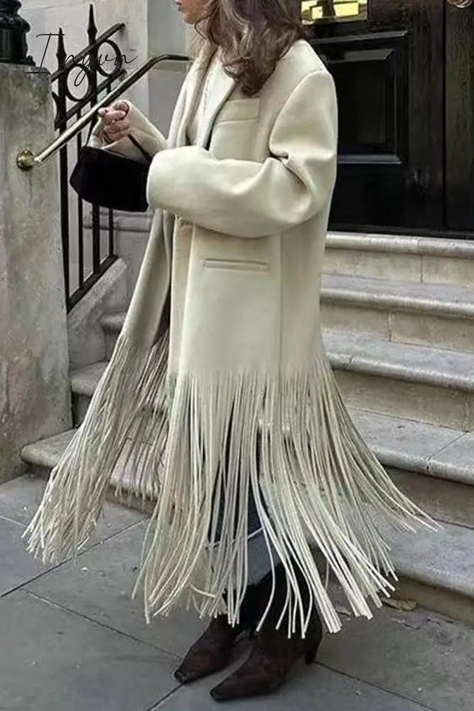 Ingvn - British Style Elegant Solid Tassel Turn-Back Collar Outerwear Cream White / S