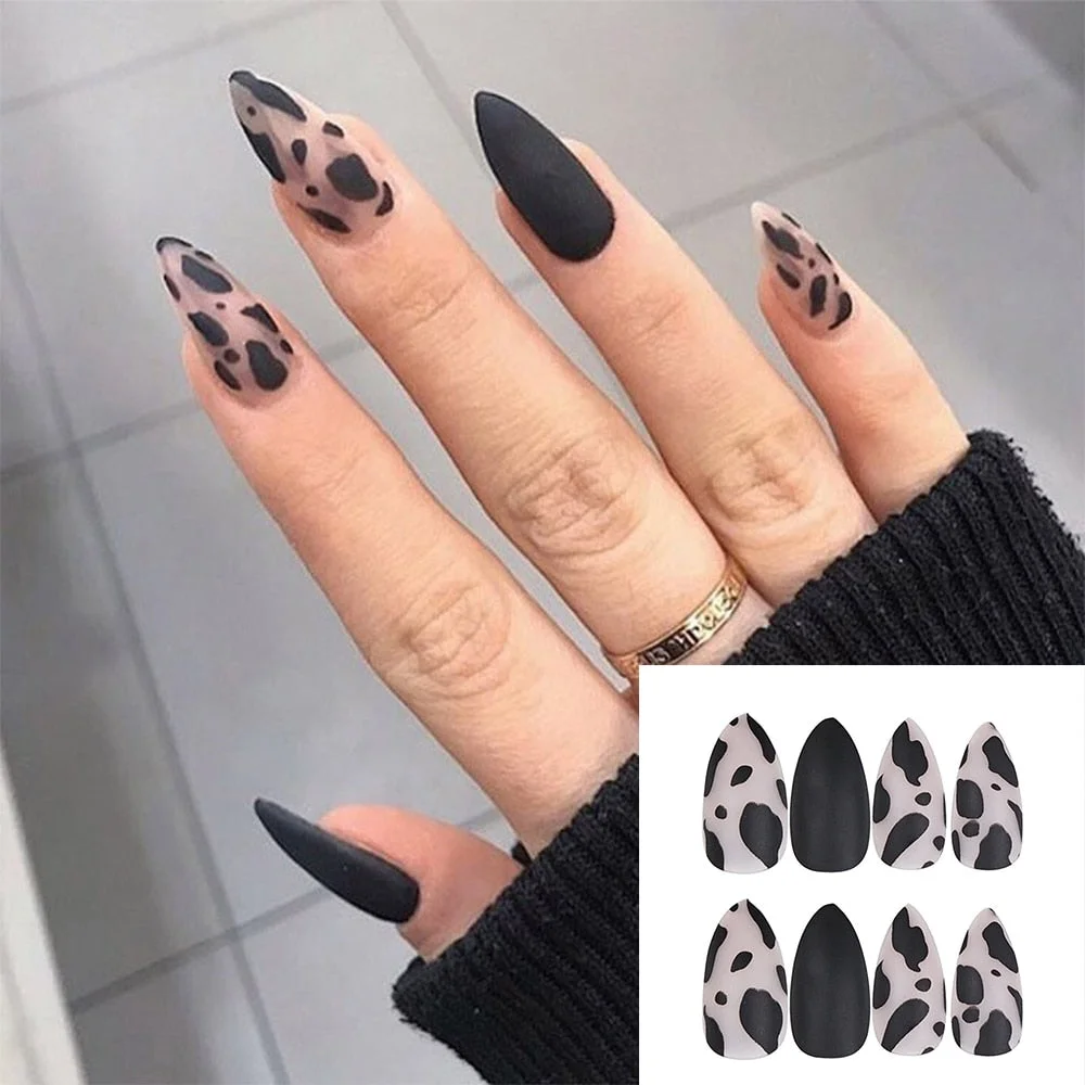 24Pcs Stiletto False Press On Nails Matte Black Color Leopard Wear Finished Product Wearable Full Cover Acrylic Nails Products